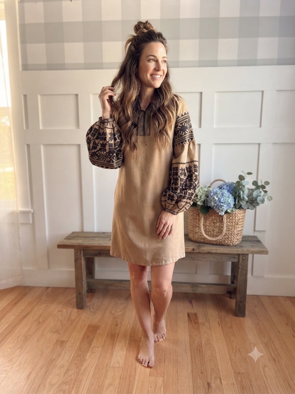 Embroidered Balloon Sleeve Tan Mini Dress Small